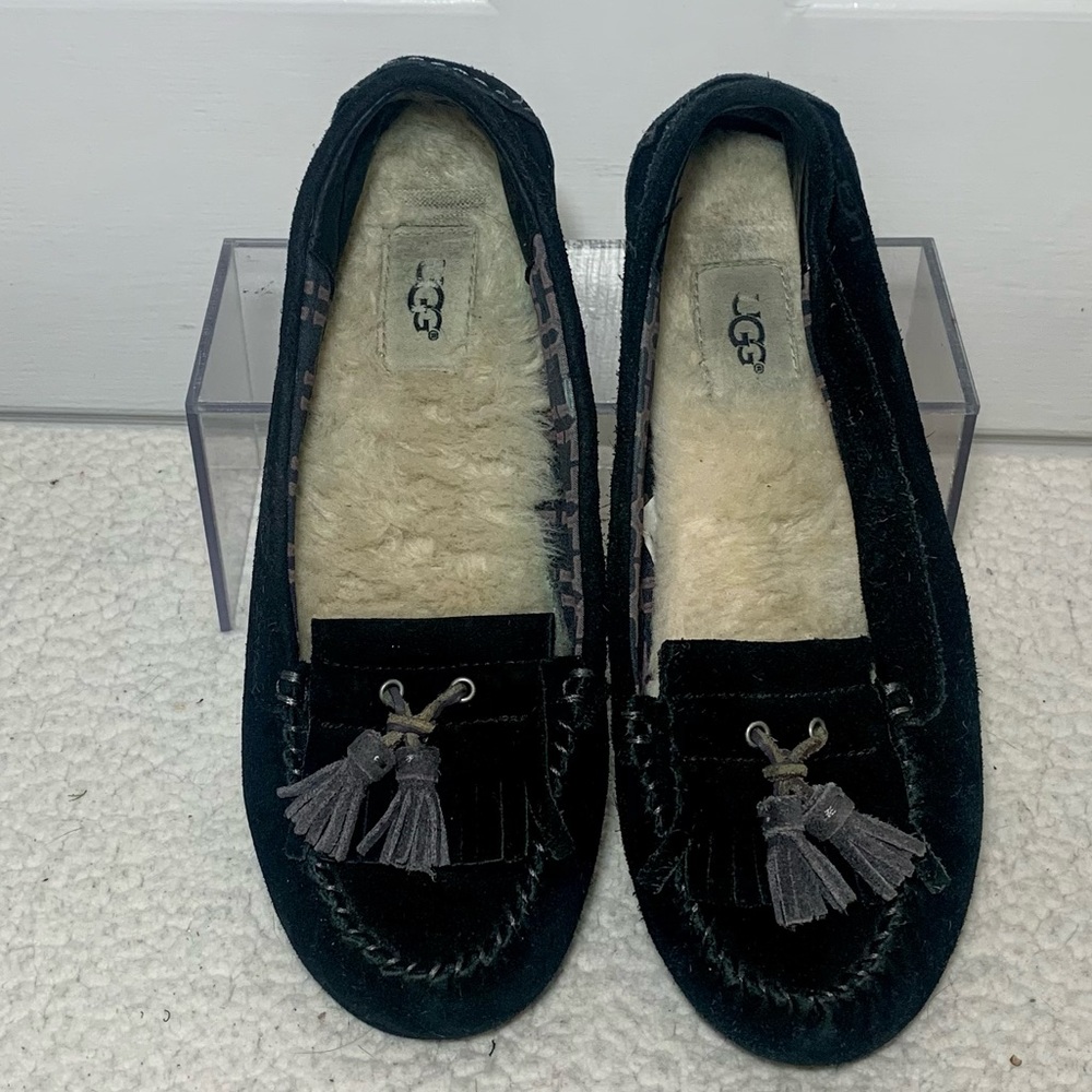 UGG Moccasin “Lizzy” Black Suede Women's Lambs Fur Size 8 - Picture 3 of 9